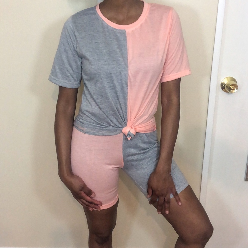(Size Large) Pink &Black Color Block Short Set - Picture 2 of 5